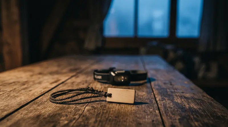 A small blank wooden tag on a dark braided cord lying on a weathered wooden table beside an out-of-focus headlamp, lit by warm lamplight against deep blue pre-dawn windows.