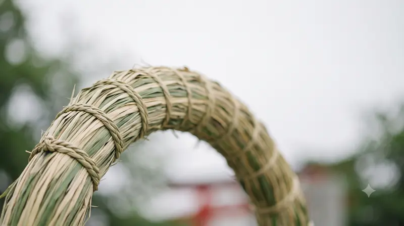 A curving arc of a large ring woven from cogon grass, its strands drying from green to pale straw, against the soft grey light of an overcast morning.